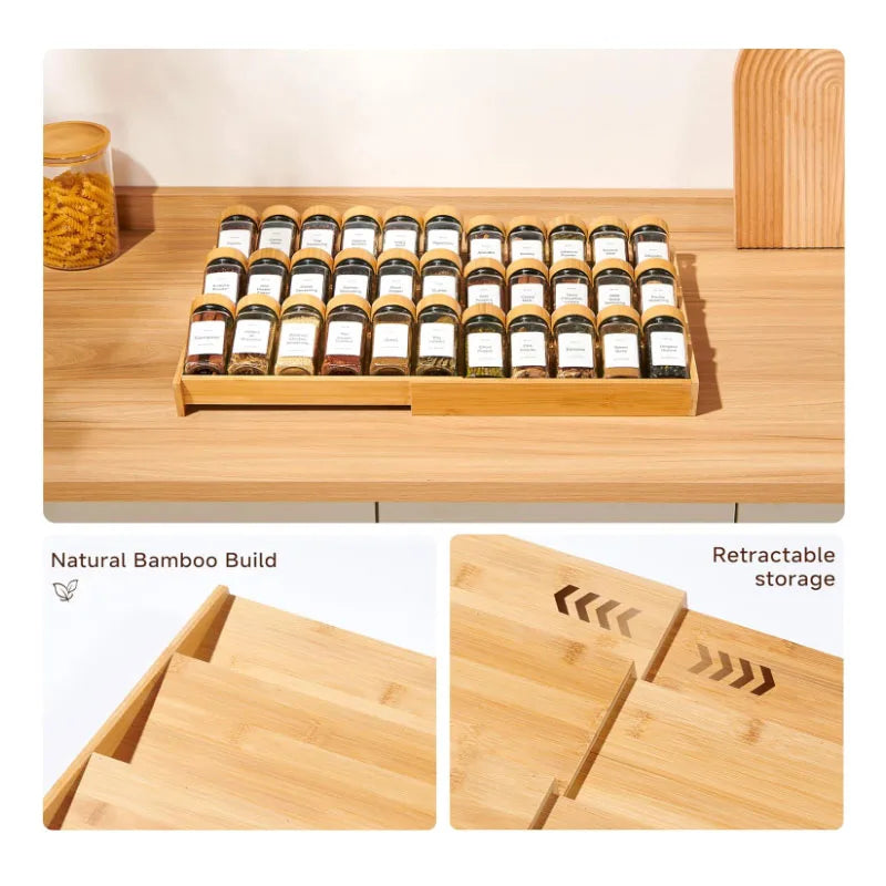 Expandable Premium Bamboo Spice Rack for Drawer | 4 Tiered